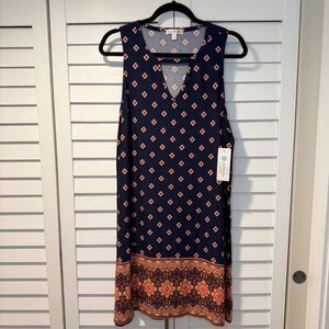 Nine Britton‎ Womens XL Navy Blue Orange Boho Geometric Border Shift Dress New